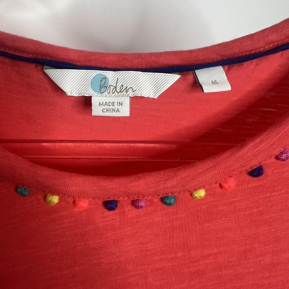 Boden Shirt Womens Medium Coral‎ Slub Cotton Pom Pom Trim Crewneck Short Sleeve - Picture 3 of 10